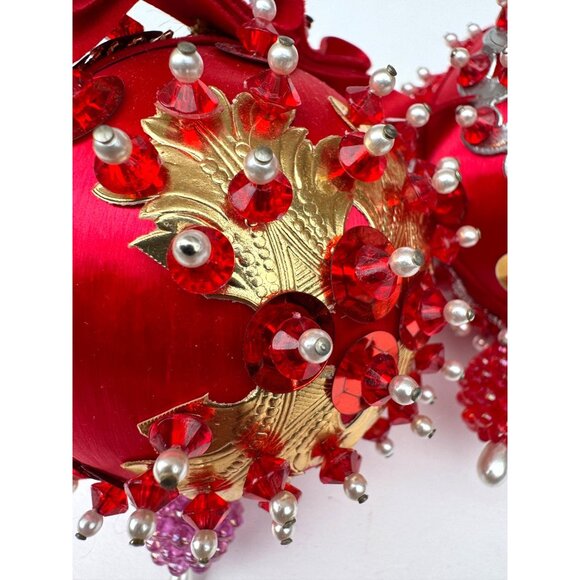Vintage Red Satin Beaded Push Pin Christmas Ornament Handmade 2 Mid Century - Picture 12 of 12